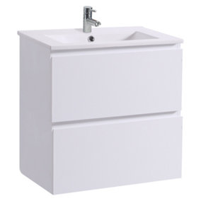 SunDaze 600mm Gloss White 2 Drawer Hung Cabinet Vanity Unit Ceramic Basin Bathroom Furniture