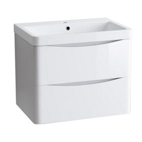 SunDaze 600mm Gloss White 2 Drawer Wall Hung Bathroom Cabinet Vanity Unit