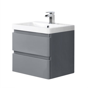 SunDaze 600mm Wall Hung 2 Drawer Vanity Unit Basin Storage Bathroom Furniture Gloss Grey
