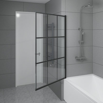 SunDaze 6mm Toughened Safety Glass Black Grid Straight Pivot Shower Bath Screen - 1400x800mm - 3