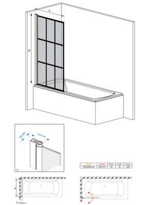 SunDaze 6mm Toughened Safety Glass Black Grid Straight Pivot Shower Bath Screen - 1400x800mm - 6