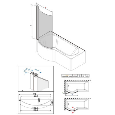 SunDaze 6mm Toughened Safety Glass Curved P Shaped Shower Bath Screen - 1400x715mm Chrome - 6