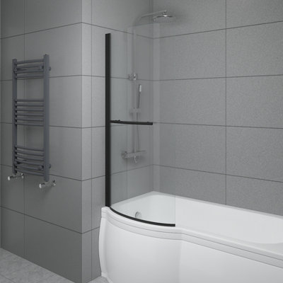 SunDaze 6mm Toughened Safety Glass Curved P Shaped Shower Bath Screen with Towel Rail- 1400x715mm Black