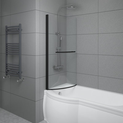 SunDaze 6mm Toughened Safety Glass Curved P Shaped Shower Bath Screen with Towel Rail- 1400x715mm Black