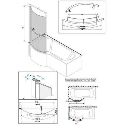SunDaze 6mm Toughened Safety Glass Curved P Shaped Shower Bath Screen with Towel Rail- 1400x715mm Black - 6