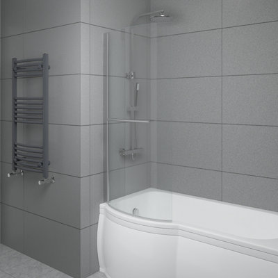 SunDaze 6mm Toughened Safety Glass Curved P Shaped Shower Bath Screen with Towel Rail- 1400x715mm Chrome