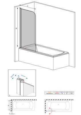 SunDaze 6mm Toughened Safety Glass Curved Pivot Shower Bath Screen - 1400x800mm Black - 6