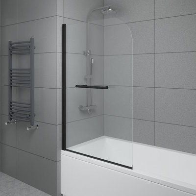 SunDaze 6mm Toughened Safety Glass Curved Pivot Shower Bath Screen with Towel Rail - 1400x800mm Black