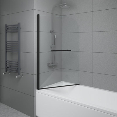 SunDaze 6mm Toughened Safety Glass Curved Pivot Shower Bath Screen with Towel Rail - 1400x800mm Black
