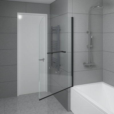 SunDaze 6mm Toughened Safety Glass Curved Pivot Shower Bath Screen with Towel Rail - 1400x800mm Black - 3