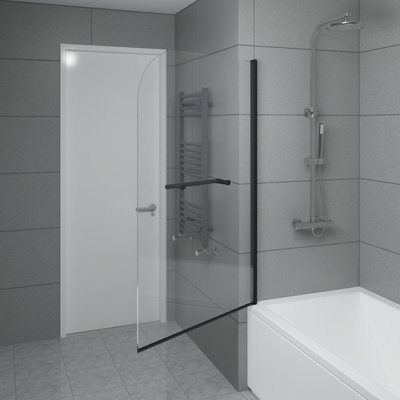 SunDaze 6mm Toughened Safety Glass Curved Pivot Shower Bath Screen with Towel Rail - 1400x800mm Black