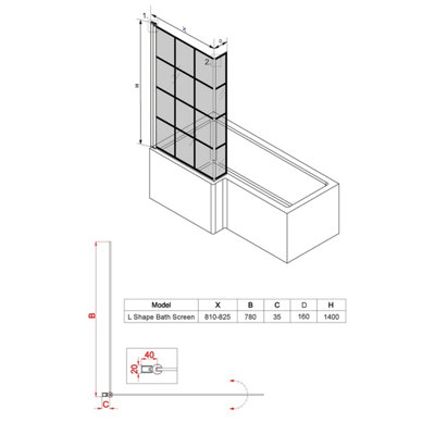 SunDaze 6mm Toughened Safety Glass L Shaped Black Grid Shower Bath Screen Fixed Return - 1400x800mm - 6