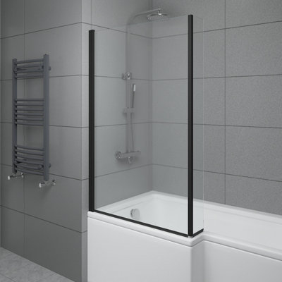 SunDaze 6mm Toughened Safety Glass L Shaped Shower Bath Screen Fixed Return- 1400x800mm Black