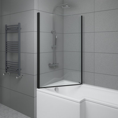 SunDaze 6mm Toughened Safety Glass L Shaped Shower Bath Screen Fixed Return- 1400x800mm Black
