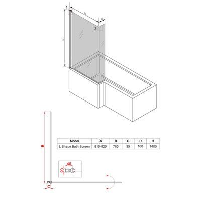 SunDaze 6mm Toughened Safety Glass L Shaped Shower Bath Screen Fixed Return- 1400x800mm Black - 6