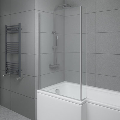 SunDaze 6mm Toughened Safety Glass L Shaped Shower Bath Screen Fixed Return- 1400x800mm Chrome