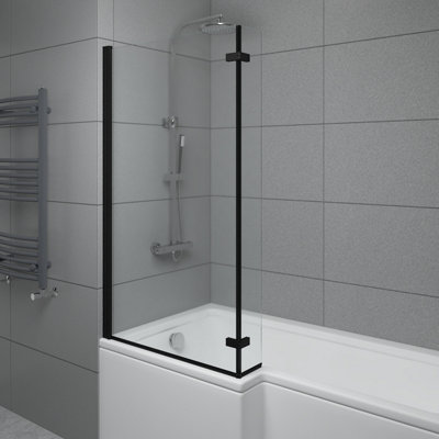 SunDaze 6mm Toughened Safety Glass L Shaped Shower Bath Screen Hinged Return - 1400x800mm Black