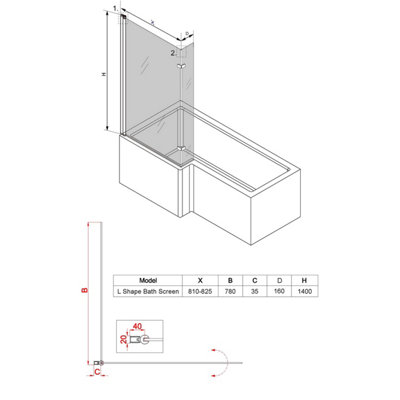 SunDaze 6mm Toughened Safety Glass L Shaped Shower Bath Screen Hinged Return - 1400x800mm Chrome - 6