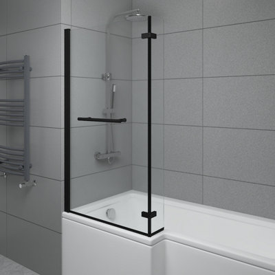 SunDaze 6mm Toughened Safety Glass L Shaped Shower Bath Screen Hinged Return and Towel Rail Black