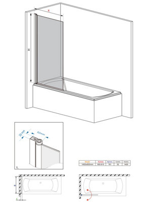 SunDaze 6mm Toughened Safety Glass Straight Pivot Shower Bath Screen - 1400x800mm Chrome - 6