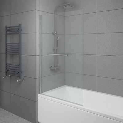 SunDaze 6mm Toughened Safety Glass Straight Pivot Shower Bath Screen with Towel Rail - 1400x800mm Chrome