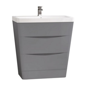 SunDaze 800mm Gloss Grey 2 Drawer Floor Standing Bathroom Cabinet Vanity Sink Unit