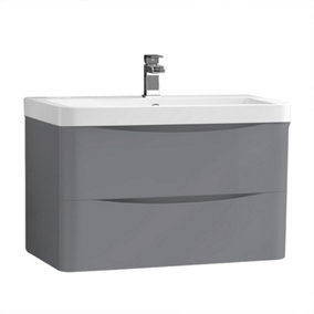 SunDaze 800mm Gloss Grey 2 Drawer Wall Hung Bathroom Cabinet Vanity Unit