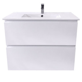 SunDaze 800mm Gloss White 2 Drawer Hung Cabinet Vanity Unit Ceramic Basin Bathroom Furniture