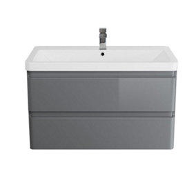 SunDaze 800mm Wall Hung 2 Drawer Vanity Unit Basin Storage Bathroom Furniture Gloss Grey