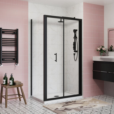 SunDaze Bathroom 1100mm Bi-Fold Door Shower Enclosure Black Framed with ...