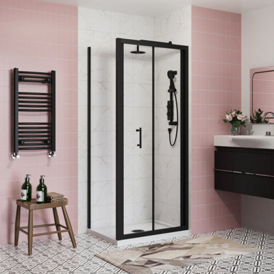 SunDaze Bathroom 700mm Bi-Fold Door Shower Enclosure Black Framed with ...