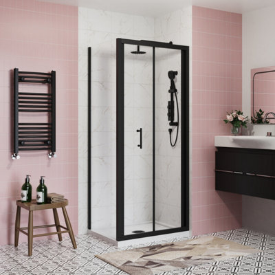 SunDaze Bathroom 760mm Bi-Fold Door Shower Enclosure Black Framed with 760mm Side Panel