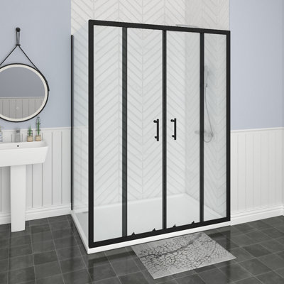 SunDaze Bathroom Black Shower Enclosure Cubicle 1400mm Double Sliding Door with 900mm Side Panel Screen