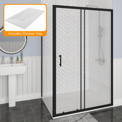 SunDaze Black 1300mm Sliding Door 700mm Side Panel Screen Shower Enclosure Cubicle with White Slate Effect Shower Tray