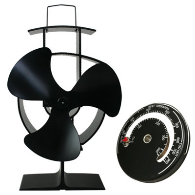 SunDaze Black 3 Blade Eco Friendly Heat Powered Log Burner Stove Top Fan with Thermometer
