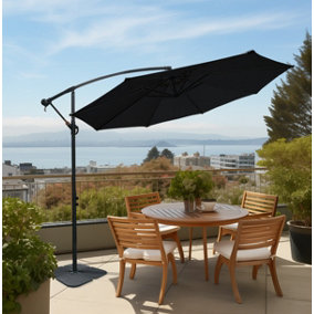 SunDaze Black 3M Banana Parasol Sun Shade Patio Garden Hanging Umbrella Cantilever with Base Weights