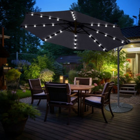 SunDaze Black 3M Garden Cantilever Banana Parasol Outdoor Hanging Umbrella LED Solar Lights with Base