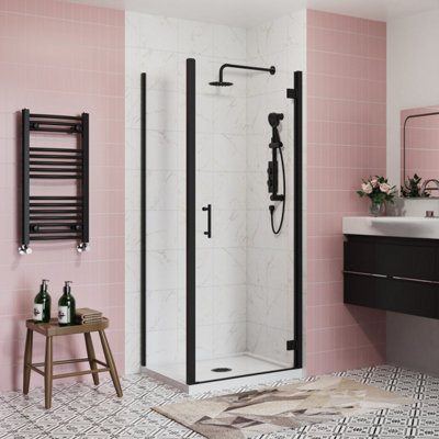 SunDaze Black Bathroom Shower Enclosure Cubicle 700mm Hinged Door with 900mm Side Panel Screen