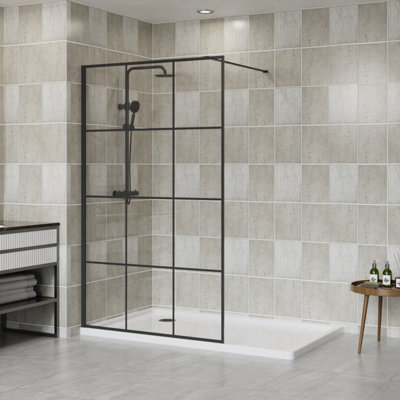 SunDaze Black Grid Walk In Shower Enclosure Wet Room Glass Screen Panel ...