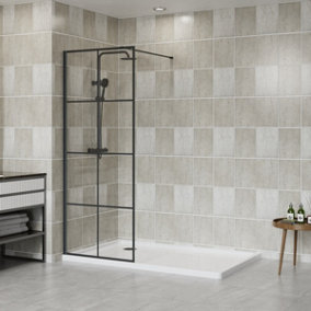 SunDaze Black Grid Walk In Shower Enclosure Wet Room Glass Screen Panel 8mm - 760x1950mm