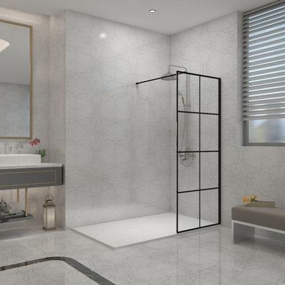 SunDaze Black Grid Walk In Shower Enclosure Wet Room (W)900x(H)1950mm Glass Screen with 1400x800mm White Shower Tray