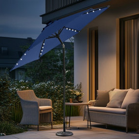 SunDaze Blue 2.5M Outdoor Garden Patio Round Parasol Umbrella Solar LED Lights Crank Tilt with Base
