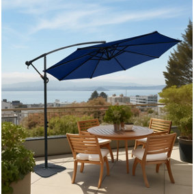 SunDaze Blue 3M Banana Parasol Sun Shade Patio Garden Hanging Umbrella Cantilever with Base Weights