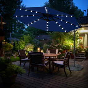 SunDaze Blue 3M Garden Cantilever Banana Parasol Outdoor Hanging Umbrella LED Solar Lights with Base