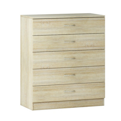 SunDaze Chest of Drawers Bedroom Furniture Bedside Cabinet with Handle 5 Drawer Oak 75x36x90cm