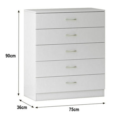 SunDaze Chest of Drawers Bedroom Furniture Bedside Cabinet with Handle 5 Drawer White 75x36x90cm