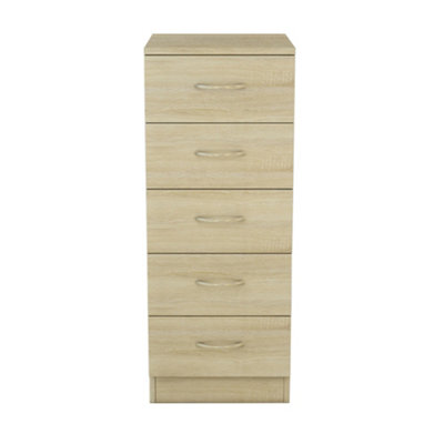 SunDaze Chest of Drawers Bedroom Furniture Bedside Cabinet with Handle 5 Tall Narrow Drawer Oak 34.5x36x90cm