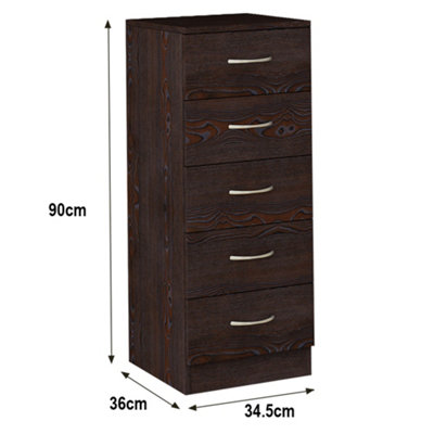 SunDaze Chest of Drawers Bedroom Furniture Bedside Cabinet with Handle 5 Tall Narrow Drawer Walnut 34.5x36x90cm