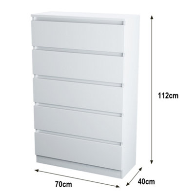 SunDaze Chest of Drawers Storage Bedroom Furniture Cabinet 5 Drawer White 70x40x112cm