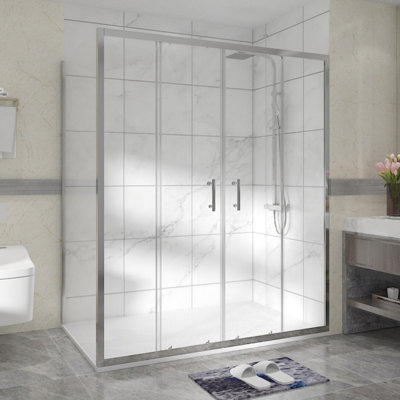 SunDaze Chrome Shower Enclosure Cubicle 1600mm Double Sliding Door with 800mm Side Panel and White SMC Shower Tray
